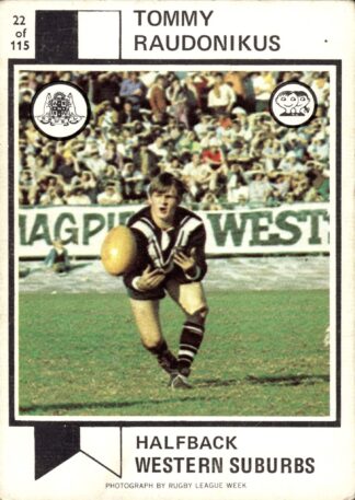 1974 Scanlens Common Card - Base 022 Tom Raudonikis Western Suburbs Magpies