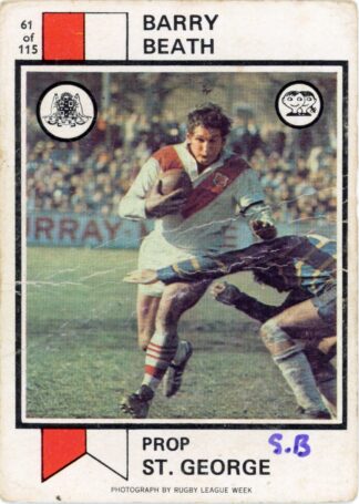 1974 Scanlens Common Card - Base 061 Barry Beath St George Dragons