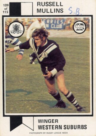 1974 Scanlens Common Card - Base 109 Russell Mullins Western Suburbs Magpies