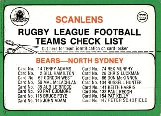 1978 Scanlens Common Card - Checklist 07 North Sydney Bears