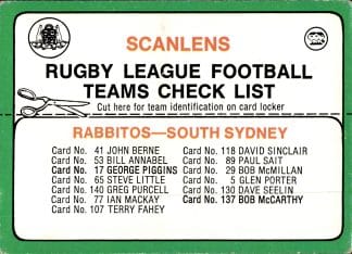 1978 Scanlens Common Card - Checklist 10 South Sydney Rabbitohs