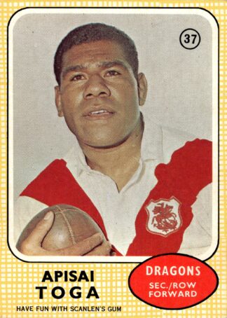 1970 Scanlens Common Card - Base 37 Apisai Toga St George Dragons