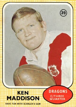 1970 Scanlens Common Card - Base 39 Ken Maddison St George Dragons