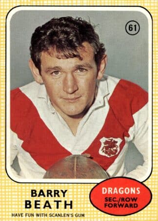 1970 Scanlens Common Card - Base 61 Barry Beath St George Dragons