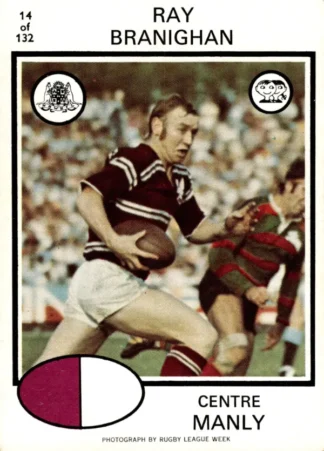 1975 Scanlens Brown Back Card - Base 014 Ray Branighan Manly Sea Eagles