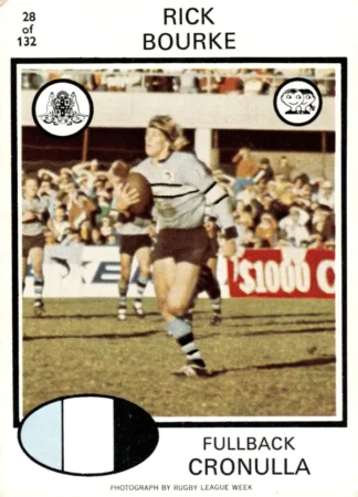 1975 Scanlens Brown Back Card - Base 028 Rick Bourke Cronulla Sharks
