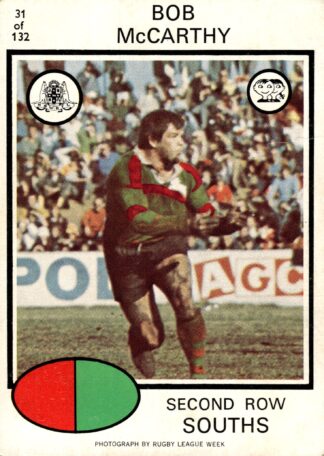 1975 Scanlens Common Card - Base 031 Bob McCarthy South Sydney Rabbitohs