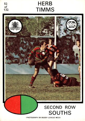 1975 Scanlens Common Card - Base 052 Herb Timms South Sydney Rabbitohs