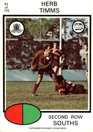 1975 Scanlens Brown Back Card - Base 052 Herb Timms South Sydney Rabbitohs