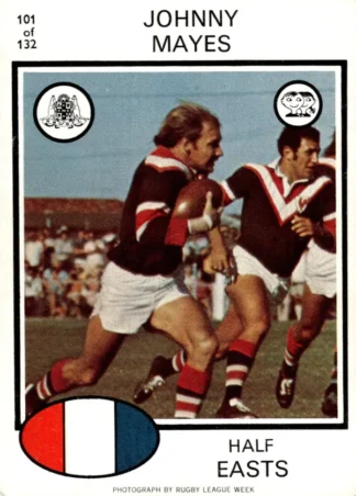 1975 Scanlens Brown Back Card - Base 101 Johnny Mayes Eastern Suburbs Roosters