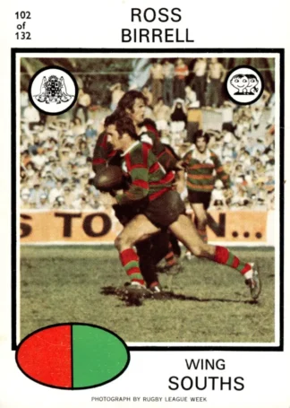 1975 Scanlens Brown Back Card - Base 102 Ross Birrell South Sydney Rabbitohs