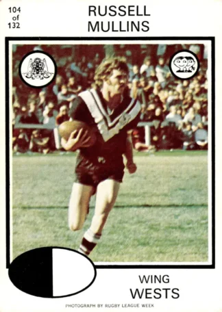 1975 Scanlens Brown Back Card - Base 104 Russell Mullins Western Suburbs Magpies