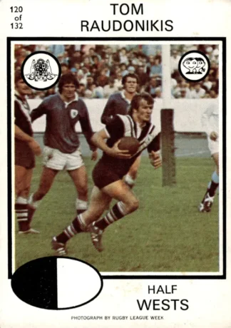 1975 Scanlens Brown Back Card - Base 120 Tom Raudonikis Western Suburbs Magpies