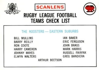 1975 Scanlens Brown Back Card - Checklist 04 Eastern Suburbs Roosters