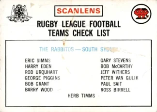1975 Scanlens Brown Back Card - Checklist 10 South Sydney Rabbitohs