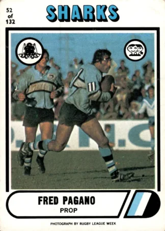 1976 Scanlens Common Card - Base 052 Fred Pagano Cronulla Sharks