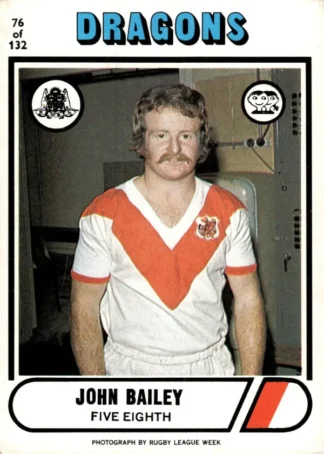 1976 Scanlens Common Card - Base 076 John Bailey St George Dragons