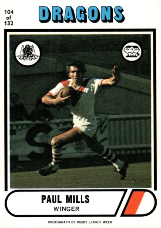 1976 Scanlens Common Card - Base 104 Paul Mills St George Dragons
