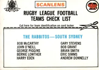 1976 Scanlens Common Card - Checklist 10 South Sydney Rabbitohs