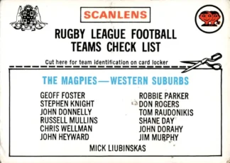 1976 Scanlens Common Card - Checklist 12 Western Suburbs Magpies