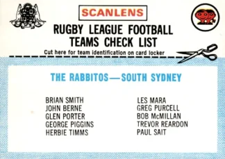 1977 Scanlens Common Card - Checklist 10 South Sydney Rabbitohs