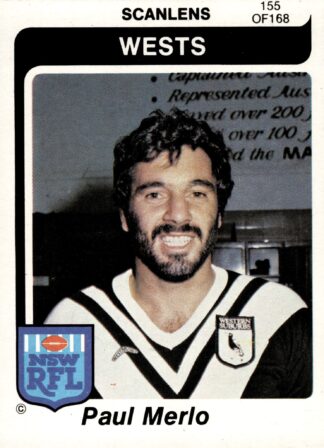 1980 Scanlens Common Card - Base 155 Paul Merlo Western Suburbs Magpies