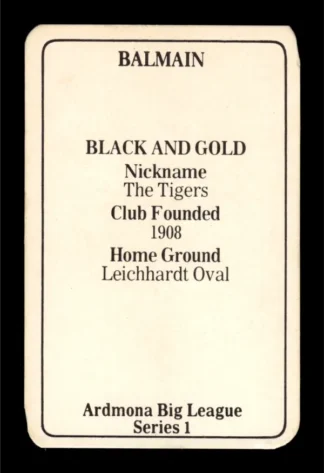 1981 Ardmona NSW Rugby League Club Cards - 01 Balmain Tigers Club History