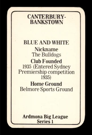 1981 Ardmona NSW Rugby League Club Cards - 01 Canterbury Bulldogs Club History
