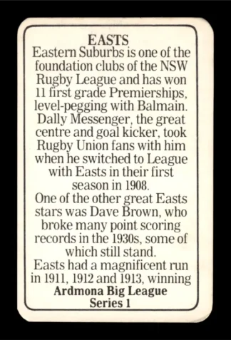 1981 Ardmona NSW Rugby League Club Cards - 02 Eastern Suburbs Roosters Club Records