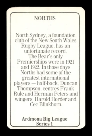 1981 Ardmona NSW Rugby League Club Cards - 02 North Sydney Bears Club Records