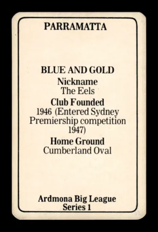 1981 Ardmona NSW Rugby League Club Cards - 01 Parramatta Eels Club History