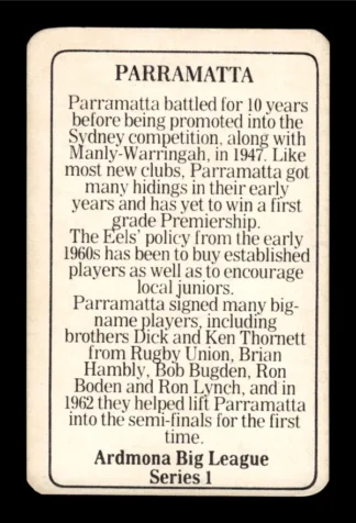 1981 Ardmona NSW Rugby League Club Cards - 02 Parramatta Eels Club Records