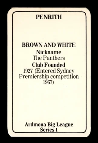 1981 Ardmona NSW Rugby League Club Cards - 01 Penrith Panthers Club History