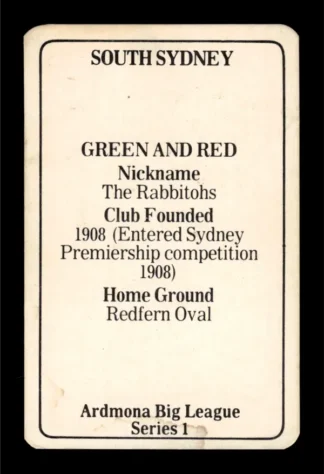 1981 Ardmona NSW Rugby League Club Cards - 01 South Sydney Rabbitohs Club History