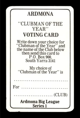 1981 Ardmona NSW Rugby League Club Cards - 34 Clubman Of The Year Voting Card