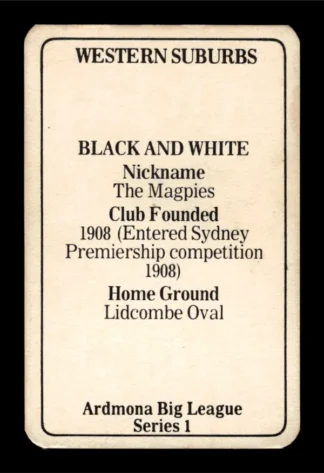 1981 Ardmona NSW Rugby League Club Cards - 01 Western Suburbs Magpies Club History