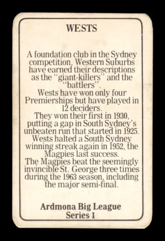 1981 Ardmona NSW Rugby League Club Cards - 02 Western Suburbs Magpies Club Records