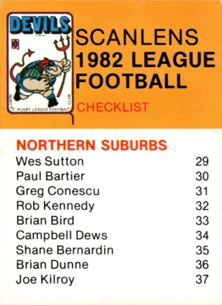 The NRL Trading Card Specialists 9 1982 Scanlens QLD Common Card - Northern Suburbs Devils Checklist