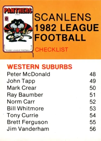 The NRL Trading Card Specialists 7 1982 Scanlens QLD Common Card - Western Suburbs Panthers Checklist