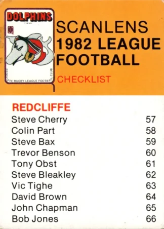 The NRL Trading Card Specialists 6 1982 Scanlens QLD Common Card - Redcliffe Dolphins Checklist