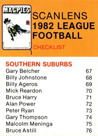 The NRL Trading Card Specialists 5 1982 Scanlens QLD Common Card - Southern Suburbs Magpies Checklist