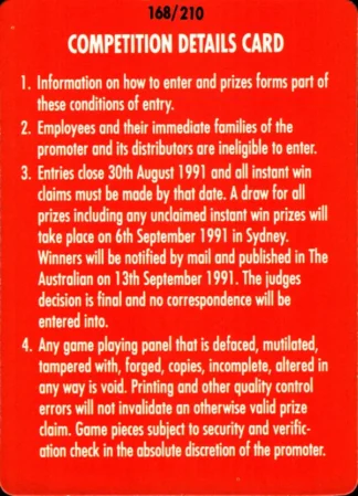 1991 Stimorol Common Card - Base 168 Competition Card Details