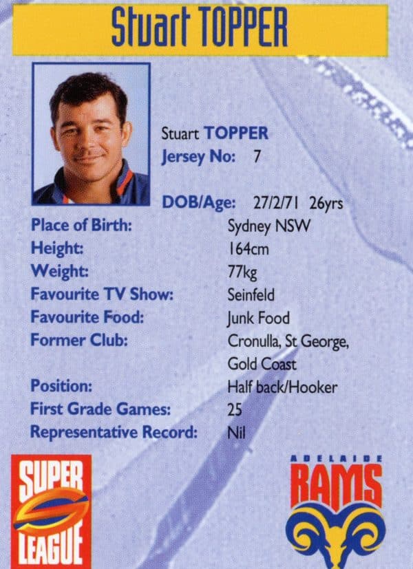 1997 Adelaide Rams Foxtel Set - Base 07 Stuart Topper - Image 2