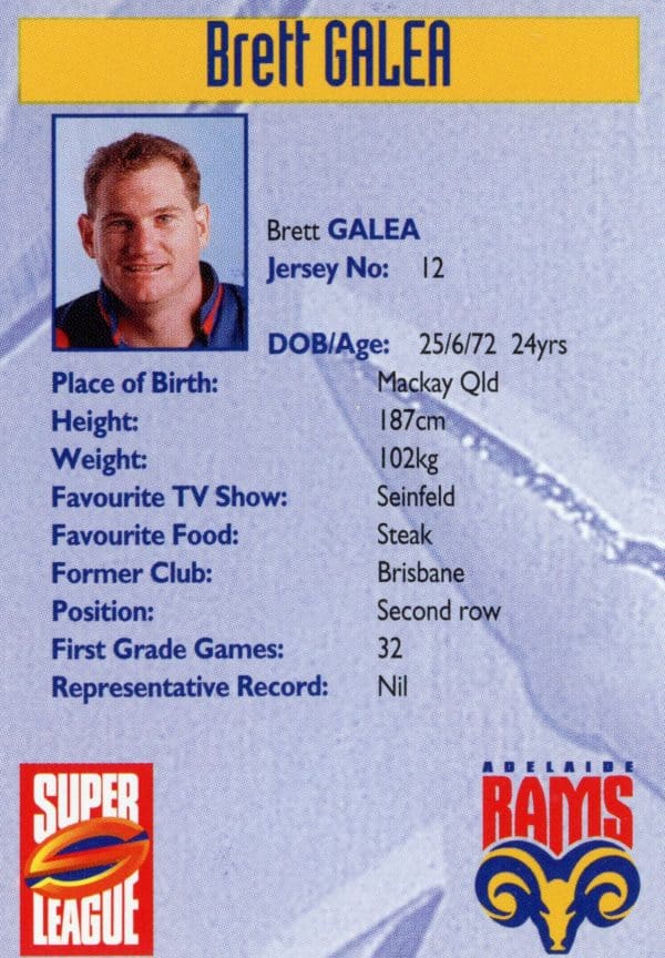 1997 Adelaide Rams Foxtel Set - Base 12 Brett Galea - Image 2