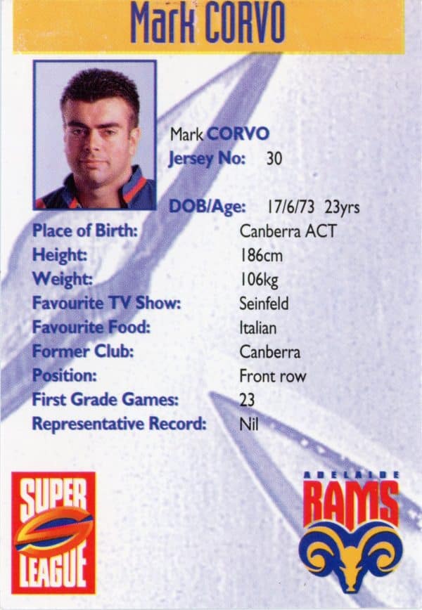 1997 Adelaide Rams Foxtel Set - Base 30 Mark Corvo - Image 2
