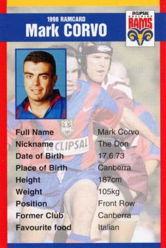 1998 Adelaide Rams Clipsal Set - Base 04 Mark Corvo