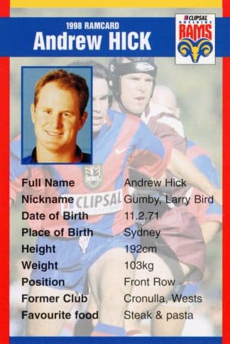 1998 Adelaide Rams Clipsal Set - Base 10 Andrew Hick