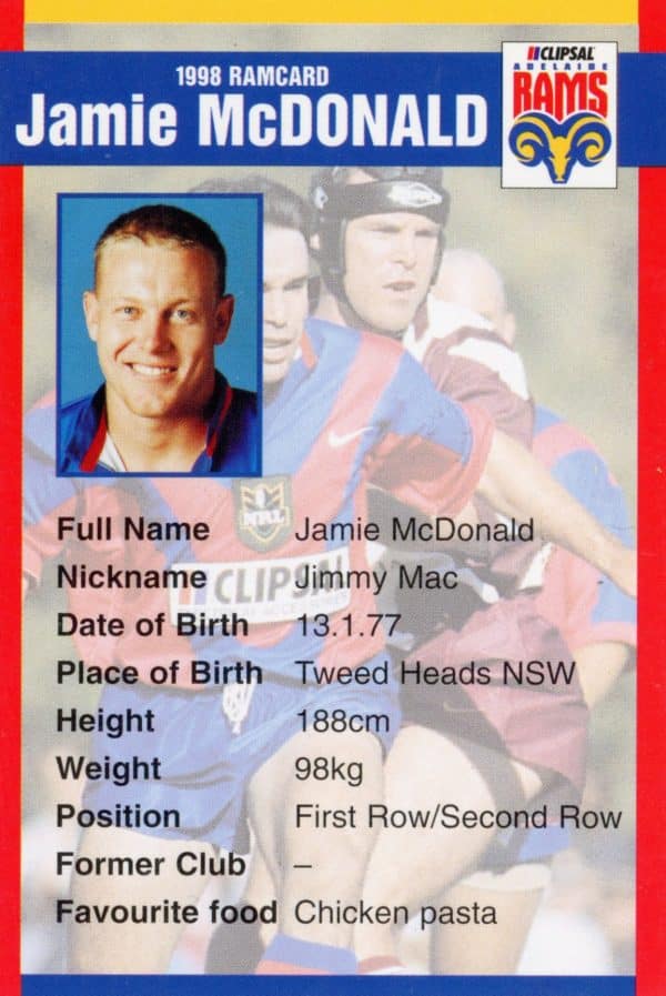 1998 Adelaide Rams Clipsal Set - Base 16 Jamie McDonald