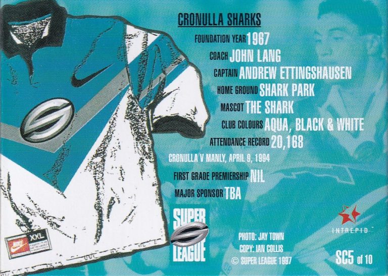 1997 Super League Team Gate Card - SC05 Cronulla Sharks - Image 2
