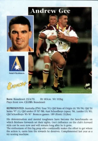 1998 Ansett Australia Promotional Duo Card - Card 1 Andrew Gee Broncos & Ian Roberts Cowboys